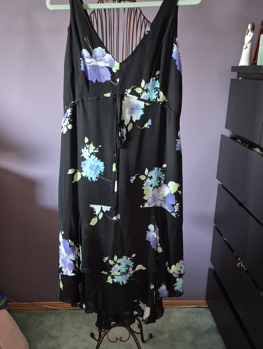Black Floral V-Neck Midi Dress with Tie Waist